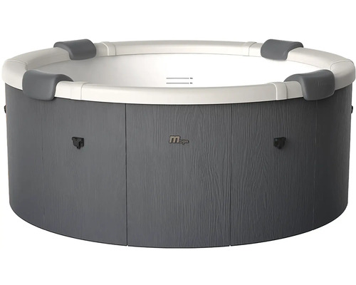Spa rond avec habillage aspect bois, intérieur blanc et quatre appuie-tête sur le rebord, MSpa Logo.