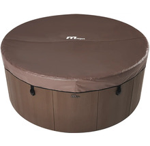 Spa MSpa rond avec couverture thermique marron et parois latérales aspect bois.