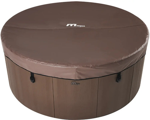 Spa MSpa rond avec couverture thermique marron et parois latérales aspect bois.
