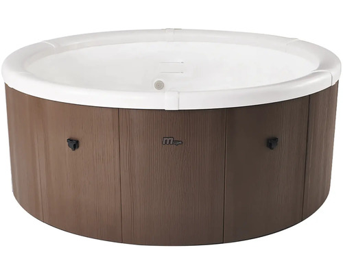 Spa rond de MSpa avec panneaux aspect bois et intérieur blanc.