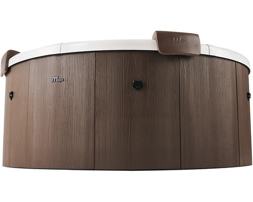 Spa MSpa avec paroi extérieure aspect bois, rebord blanc et appuie-tête.