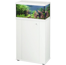 Combinaison aquarium avec meuble et couvercle blancs, contenant un bac en verre avec plantes et pierres.
