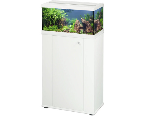 Combinaison aquarium avec meuble et couvercle blancs, contenant un bac en verre avec plantes et pierres.