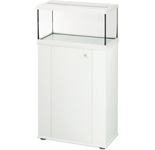Aquarium blanc avec meuble bas assorti, réservoir en verre et porte de meuble avec poignée ronde.