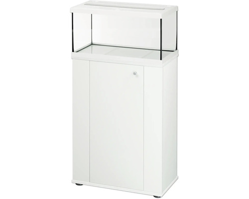 Aquarium blanc avec meuble bas assorti, réservoir en verre et porte de meuble avec poignée ronde.