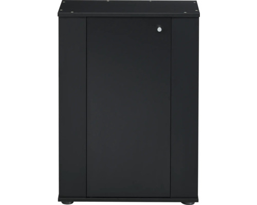 Meuble pour aquarium noir avec une porte et une poignée ronde de couleur argentée.