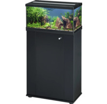 Ensemble aquarium avec meuble bas noir et couvercle incluant un aménagement décoratif avec des plantes et des pierres.