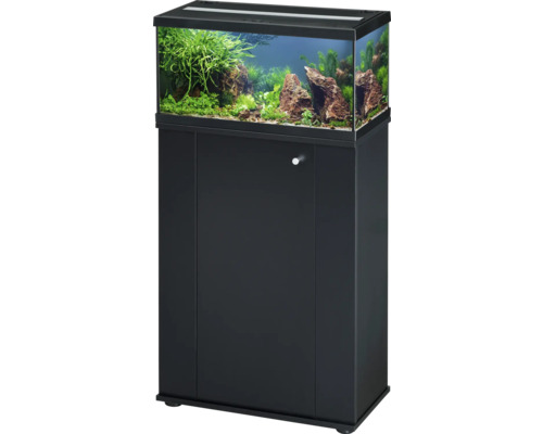 Ensemble aquarium avec meuble bas noir et couvercle incluant un aménagement décoratif avec des plantes et des pierres.
