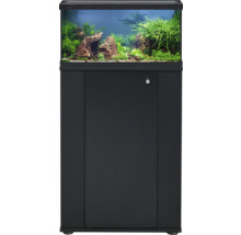 Combinaison d aquarium avec bac en verre, couvercle noir et meuble bas noir, décorée de plantes et de pierres.