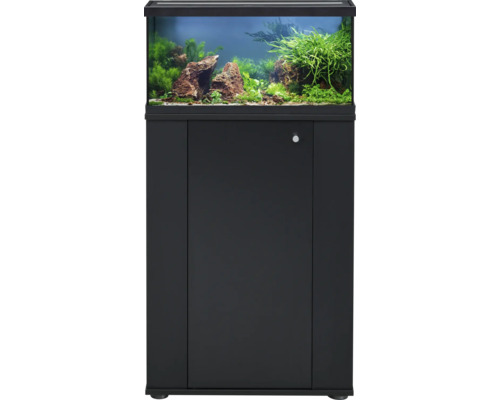 Combinaison d aquarium avec bac en verre, couvercle noir et meuble bas noir, décorée de plantes et de pierres.