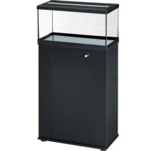 Combinaison d aquarium rectangulaire en verre avec meuble bas noir et couvercle incluant un clapet d éclairage.