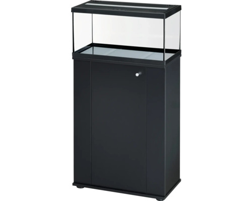 Combinaison d aquarium rectangulaire en verre avec meuble bas noir et couvercle incluant un clapet d éclairage.