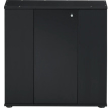 Meuble d aquarium noir avec trois segments frontaux et une poignée de porte ronde.