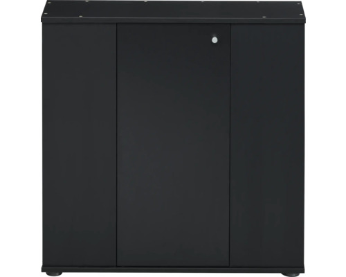 Meuble d aquarium noir avec trois segments frontaux et une poignée de porte ronde.