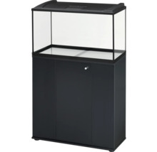Ensemble aquarium comprenant un bac en verre avec couvercle noir et un meuble de support noir avec portes.