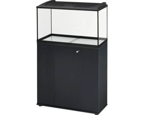 Ensemble aquarium comprenant un bac en verre avec couvercle noir et un meuble de support noir avec portes.