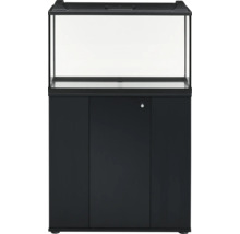 Ensemble aquarium avec bac en verre, couvercle noir et meuble bas assorti.