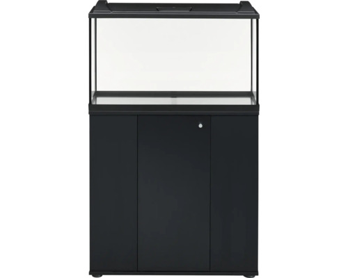 Ensemble aquarium avec bac en verre, couvercle noir et meuble bas assorti.