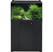 Ensemble aquarium avec meuble noir, aquascaping avec diverses plantes vertes, des roches et un chemin de sable blanc.