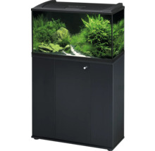 Combinaison d aquarium composée d un meuble bas noir et d un aquarium avec plantes aquatiques et pierres.