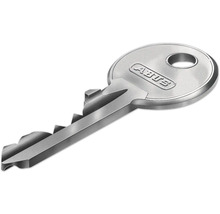 Clé ABUS argentée en métal avec tête ronde et ABUS Logo.
