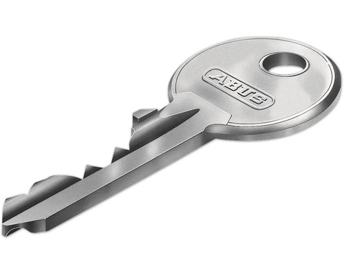 Clé métallique ABUS avec ABUS Logo, tête ovale et encoches.