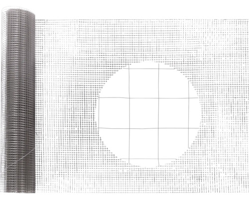 Rouleau de treillis métallique galvanisé à mailles carrées avec vue détaillée de la structure du treillis.