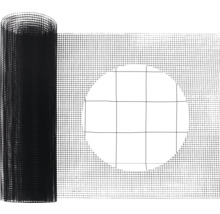 Grillage noir à mailles fines en rouleau avec vue détaillée de la structure des mailles.