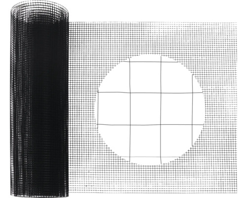 Grillage noir à mailles fines en rouleau avec vue détaillée de la structure des mailles.