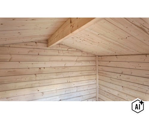 Vue intérieure d'un abri de jardin en bois avec planches murales et poutres de toit apparentes. (Image AI modified or generated)