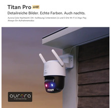 Caméra de surveillance Titan Pro 6 mégapixels avec vision nocturne et Wi-Fi 6, montée sous un avant-toit. Logo Imou et Logo Aurora.