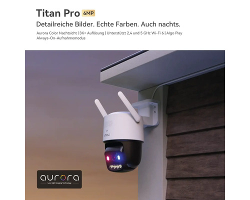 Caméra de surveillance Titan Pro 6 mégapixels avec vision nocturne et Wi-Fi 6, montée sous un avant-toit. Logo Imou et Logo Aurora.