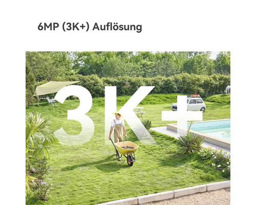 Jardin avec piscine et personne avec une brouette pour démontrer la résolution 6 mégapixels 3K plus.
