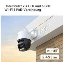 Caméra de surveillance murale avec Wi-Fi 6, compatible 2,4 et 5 gigahertz et connexion Power over Ethernet.