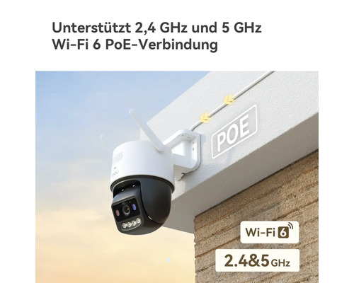 Caméra de surveillance murale avec Wi-Fi 6, compatible 2,4 et 5 gigahertz et connexion Power over Ethernet.