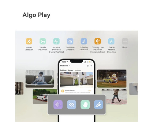 Aperçu des fonctions de détection intelligente d'une application de caméra sur smartphone, avec détection de personnes et de véhicules.