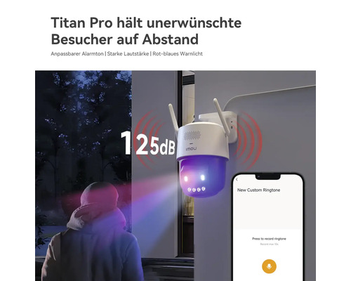 Caméra de surveillance Imou Titan Pro avec alarme de 125 décibels, voyant d'avertissement et contrôle par application smartphone.