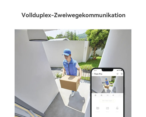 Communication bidirectionnelle full duplex d'une caméra de surveillance avec un livreur à l'entrée et vue en direct sur un smartphone.