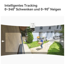 Caméra de surveillance avec suivi intelligent, rotation jusqu'à 340 degrés et inclinaison jusqu'à 90 degrés, montre la détection de personnes.