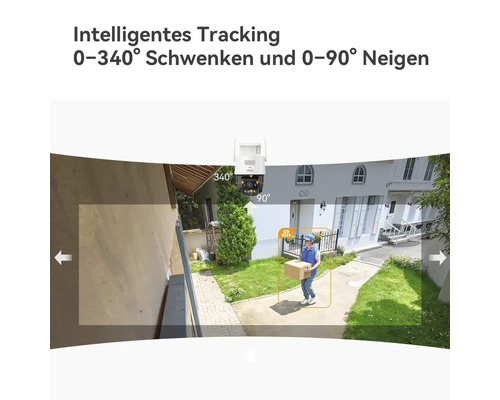 Caméra de surveillance avec suivi intelligent, rotation jusqu'à 340 degrés et inclinaison jusqu'à 90 degrés, montre la détection de personnes.