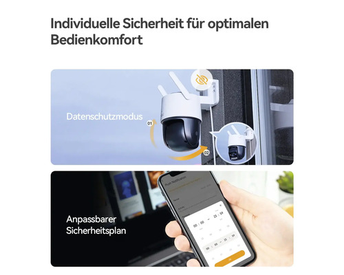 Caméra de surveillance avec mode de confidentialité et contrôle via une application pour un plan de sécurité personnalisable.
