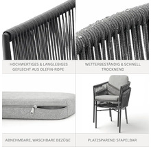 Collage eines stapelbaren Gartenstuhls mit Olefin-Seilgeflecht, wetterfesten Eigenschaften und abnehmbaren, waschbaren Kissenbezügen.