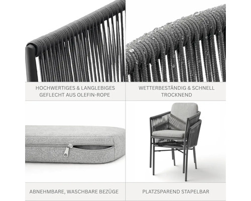 Collage eines stapelbaren Gartenstuhls mit Olefin-Seilgeflecht, wetterfesten Eigenschaften und abnehmbaren, waschbaren Kissenbezügen.
