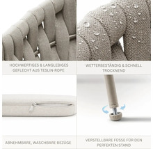 Gartenmöbel-Details: Langlebiges Teslin-Rope Geflecht, wetterbeständig, abnehmbare Kissenbezüge mit Reißverschluss und verstellbare Füße.