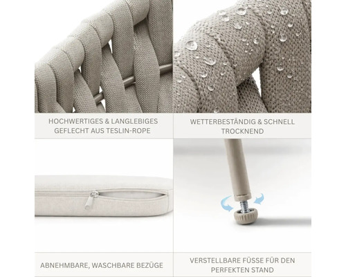 Gartenmöbel-Details: Langlebiges Teslin-Rope Geflecht, wetterbeständig, abnehmbare Kissenbezüge mit Reißverschluss und verstellbare Füße.