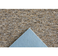 Moquette bouclée structurée avec envers en feutre bleu, vue rapprochée de la surface et de l'envers.