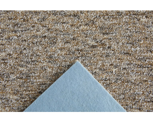 Moquette bouclée structurée avec envers en feutre bleu, vue rapprochée de la surface et de l'envers.