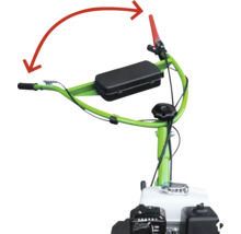 Guidon de motobineuse pivotant latéralement pour un réglage en hauteur et une adaptation individuels.