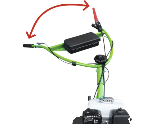 Guidon de motobineuse pivotant latéralement pour un réglage en hauteur et une adaptation individuels.
