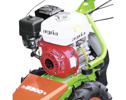 Motoculteur Agria avec moteur Honda GX, réservoir de carburant et pneu à profil agraire.